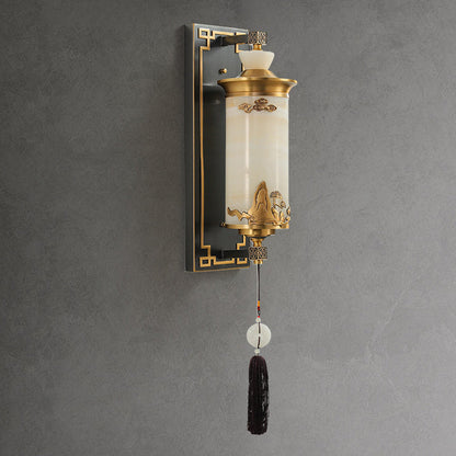 Chinese Brass Natural Jade Cylinder LED Wall Sconce Lamp