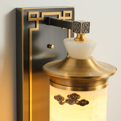 Chinese Brass Natural Jade Cylinder LED Wall Sconce Lamp