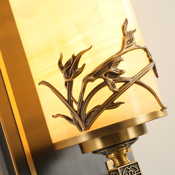 Chinese Brass Natural Jade Cylinder LED Wall Sconce Lamp