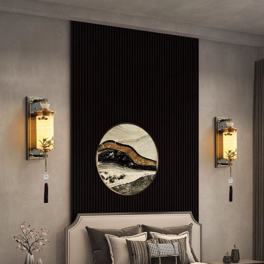 Chinese Brass Natural Jade Cylinder LED Wall Sconce Lamp