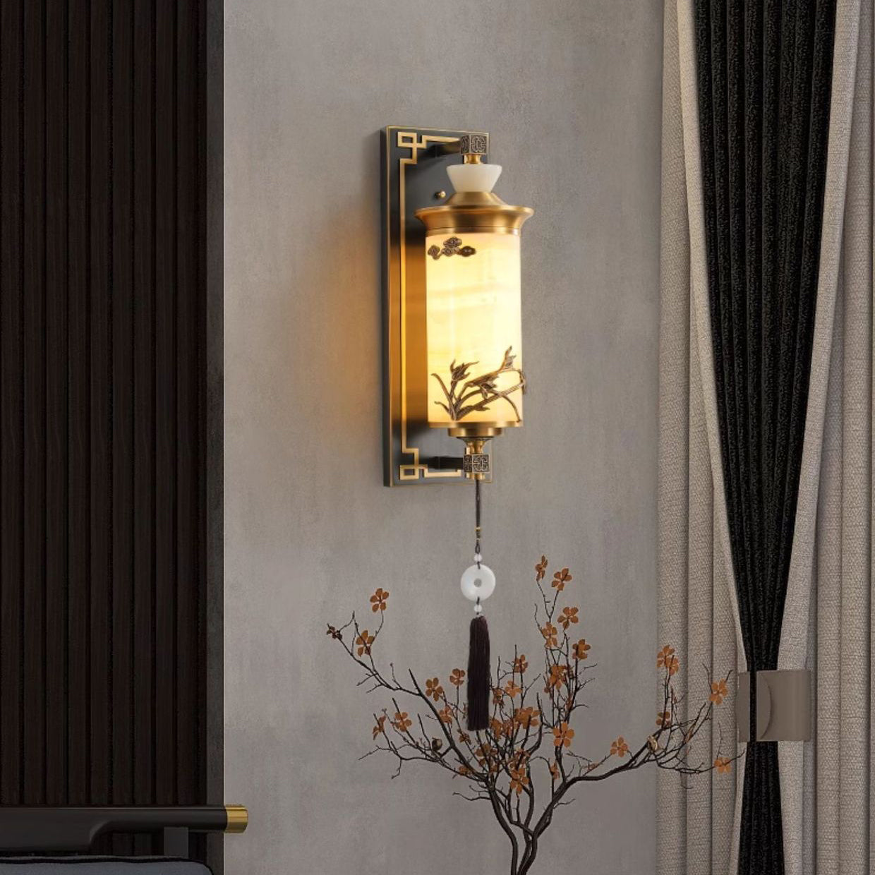 Chinese Brass Natural Jade Cylinder LED Wall Sconce Lamp
