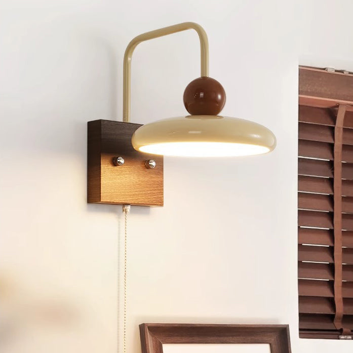 French Iron Walnut Wood Grain Round LED Wall Sconce Lamp