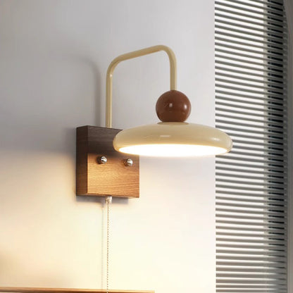 French Iron Walnut Wood Grain Round LED Wall Sconce Lamp