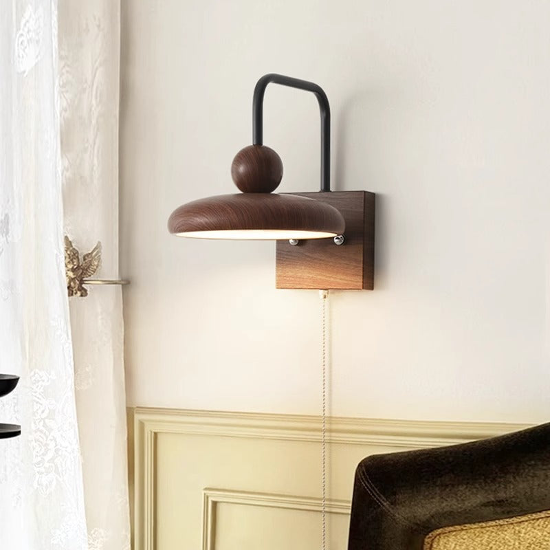 French Iron Walnut Wood Grain Round LED Wall Sconce Lamp
