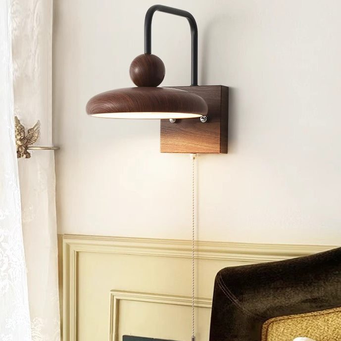 French Iron Walnut Wood Grain Round LED Wall Sconce Lamp