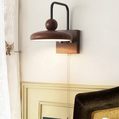French Iron Walnut Wood Grain Round LED Wall Sconce Lamp