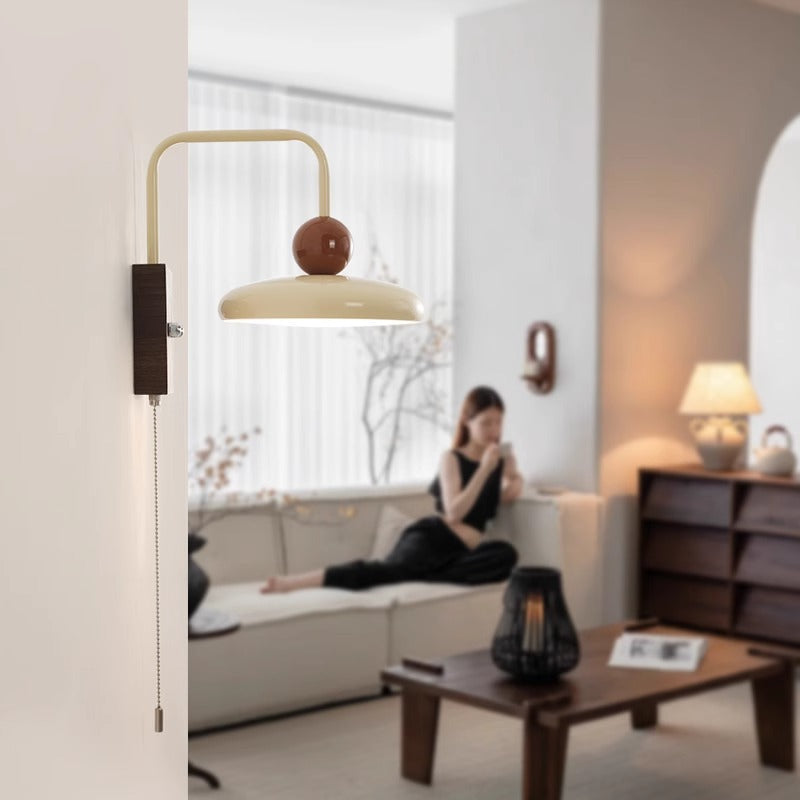 French Iron Walnut Wood Grain Round LED Wall Sconce Lamp