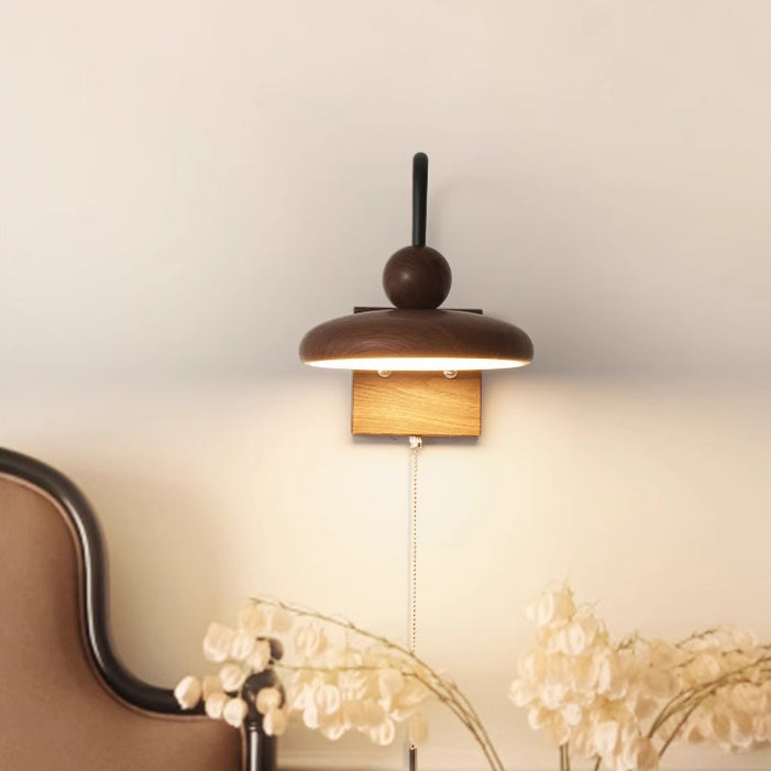 French Iron Walnut Wood Grain Round LED Wall Sconce Lamp