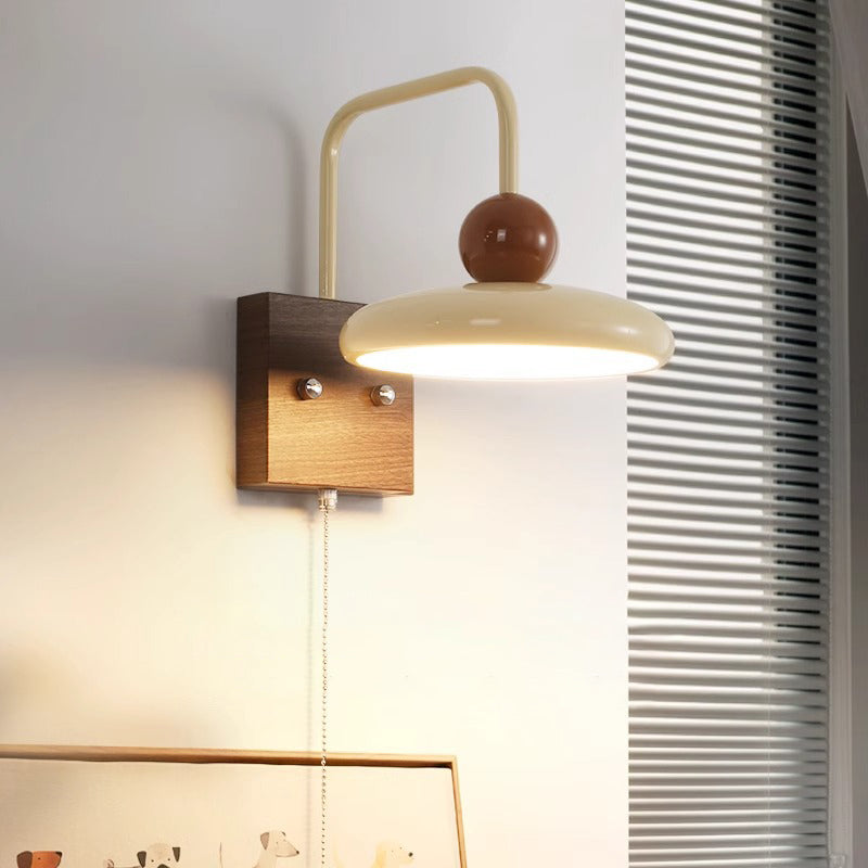 French Iron Walnut Wood Grain Round LED Wall Sconce Lamp
