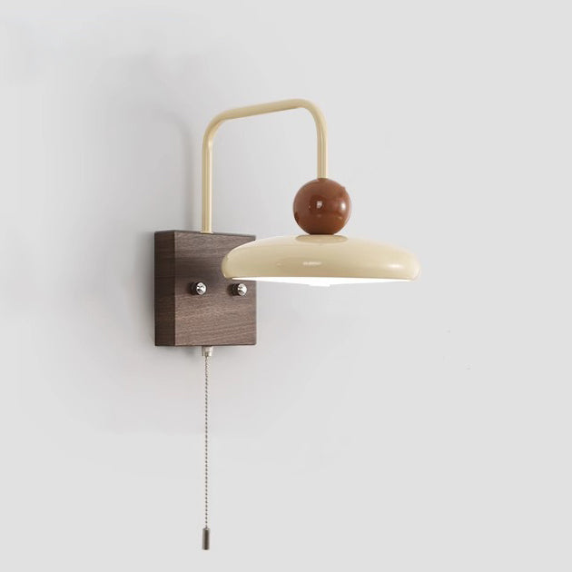 French Iron Walnut Wood Grain Round LED Wall Sconce Lamp