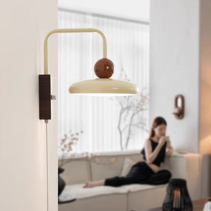 French Iron Walnut Wood Grain Round LED Wall Sconce Lamp