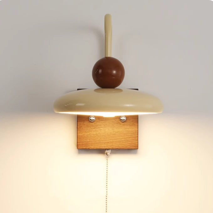 French Iron Walnut Wood Grain Round LED Wall Sconce Lamp