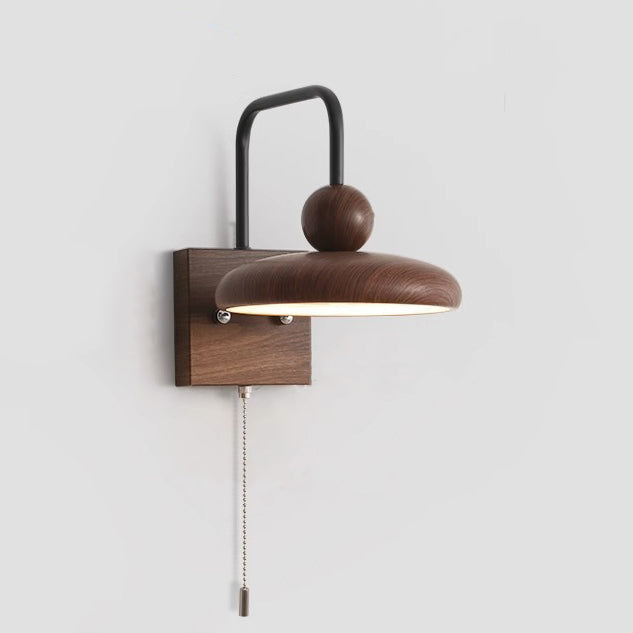 French Iron Walnut Wood Grain Round LED Wall Sconce Lamp