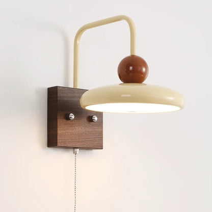 French Iron Walnut Wood Grain Round LED Wall Sconce Lamp