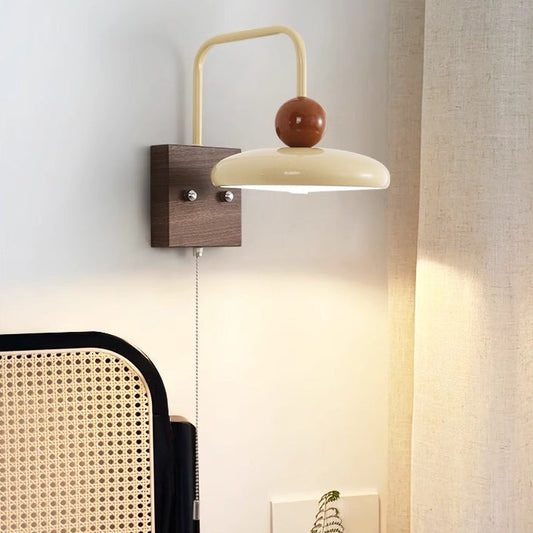 French Iron Walnut Wood Grain Round LED Wall Sconce Lamp