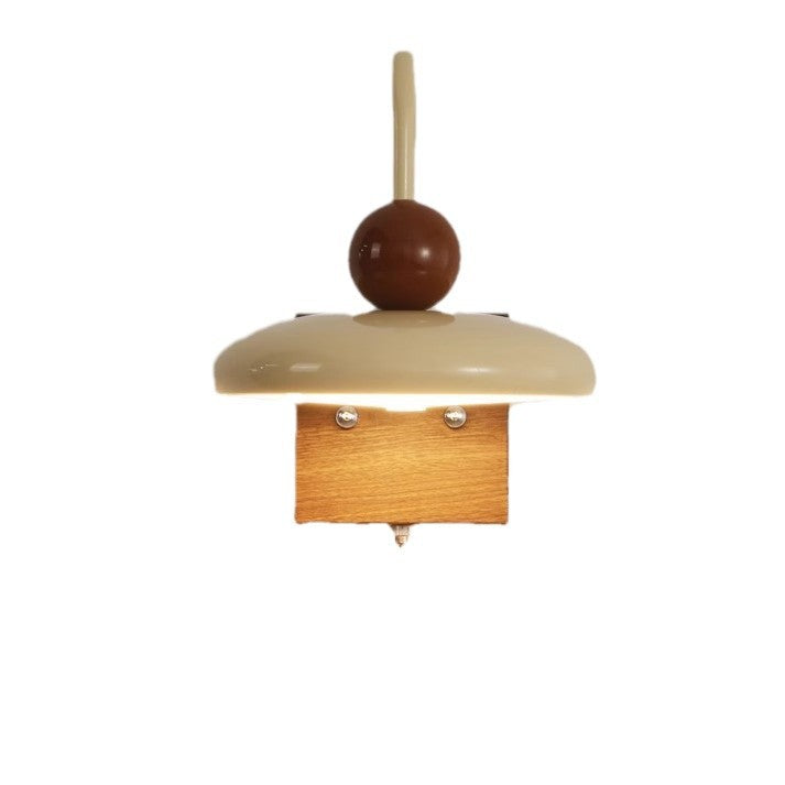 French Iron Walnut Wood Grain Round LED Wall Sconce Lamp