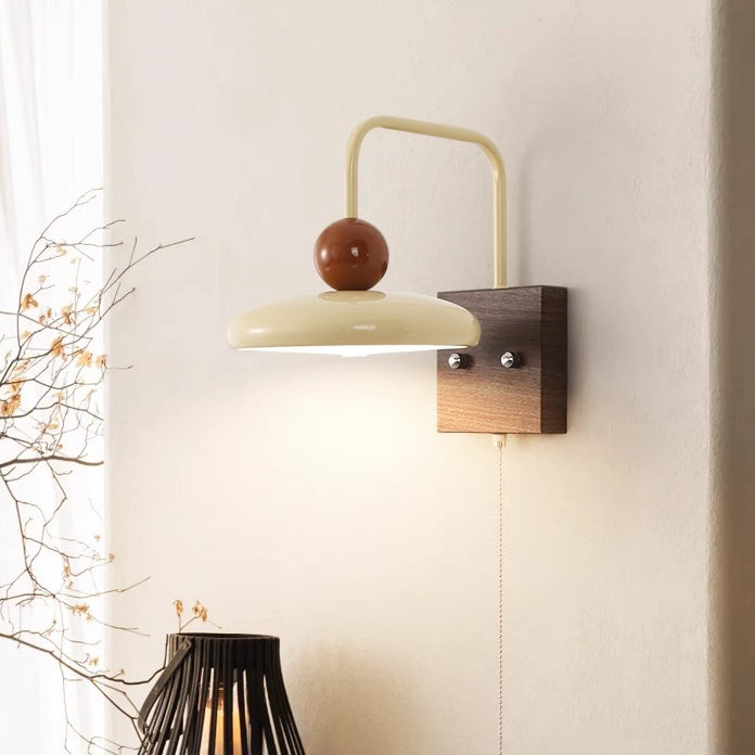 French Iron Walnut Wood Grain Round LED Wall Sconce Lamp