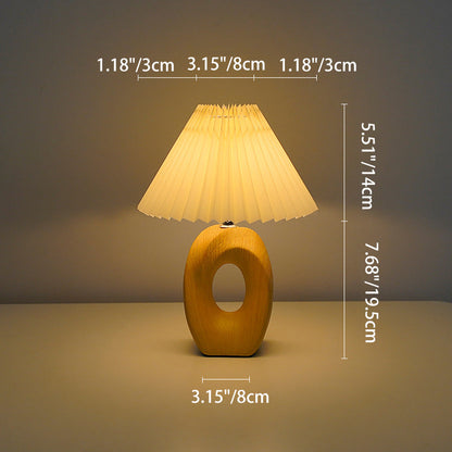 Traditional Japanese Pleated Fabric Shade Wood Grain Ceramic Base USB LED Table Lamp For Bedside