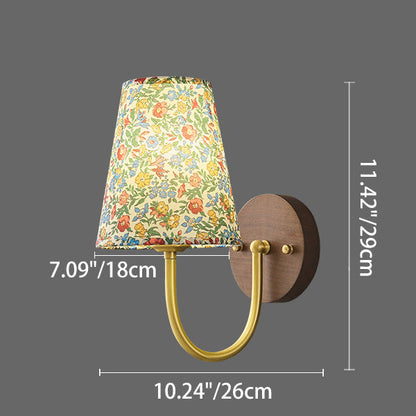 Copper Wood Fabric Round Shade 1-Light Wall Sconce Lamp