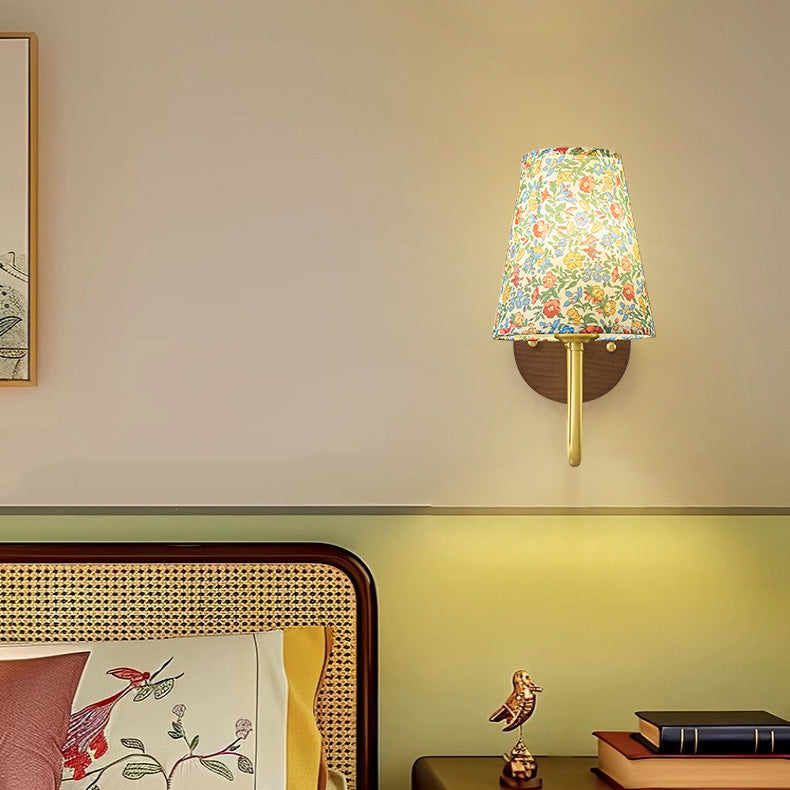 Copper Wood Fabric Round Shade 1-Light Wall Sconce Lamp