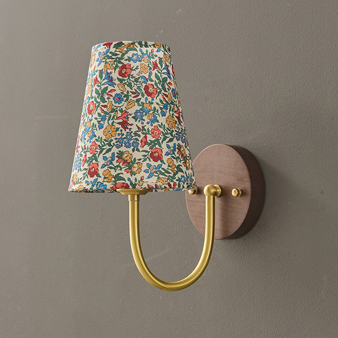 Copper Wood Fabric Round Shade 1-Light Wall Sconce Lamp