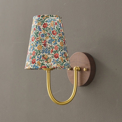 Copper Wood Fabric Round Shade 1-Light Wall Sconce Lamp