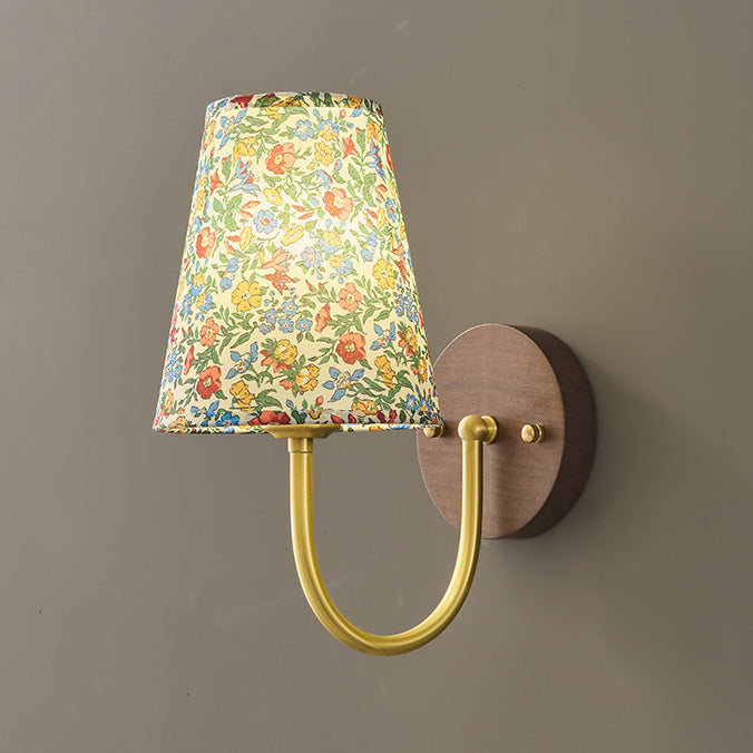 Copper Wood Fabric Round Shade 1-Light Wall Sconce Lamp