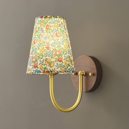 Copper Wood Fabric Round Shade 1-Light Wall Sconce Lamp