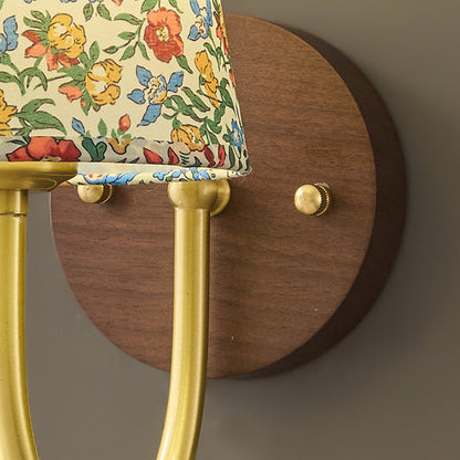 Copper Wood Fabric Round Shade 1-Light Wall Sconce Lamp