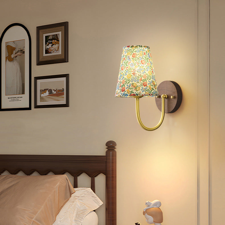 Copper Wood Fabric Round Shade 1-Light Wall Sconce Lamp