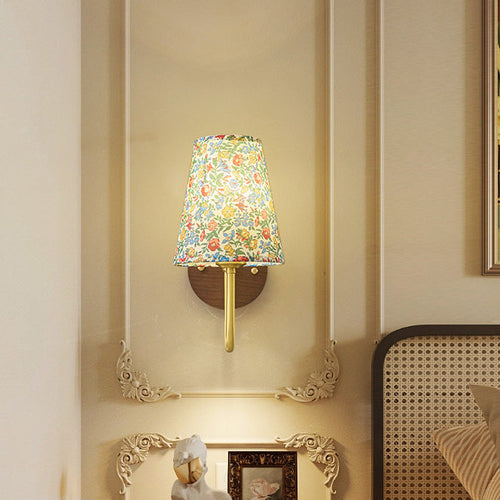 Copper Wood Fabric Round Shade 1-Light Wall Sconce Lamp