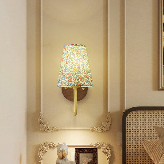 Copper Wood Fabric Round Shade 1-Light Wall Sconce Lamp