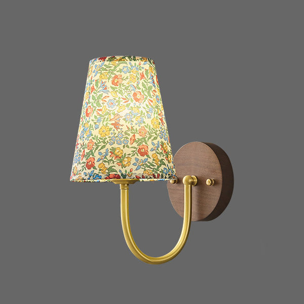 Copper Wood Fabric Round Shade 1-Light Wall Sconce Lamp