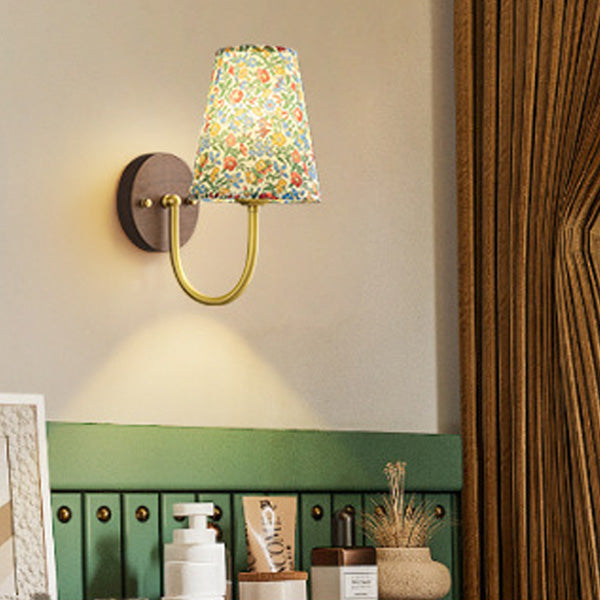 Copper Wood Fabric Round Shade 1-Light Wall Sconce Lamp
