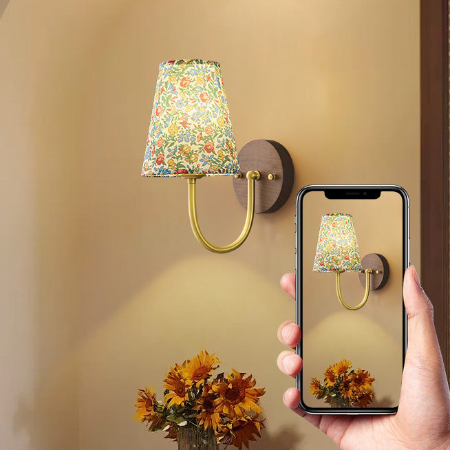Copper Wood Fabric Round Shade 1-Light Wall Sconce Lamp