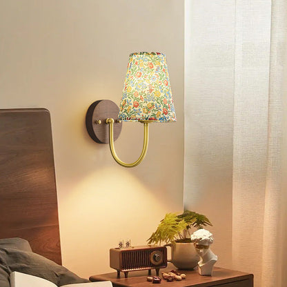 Copper Wood Fabric Round Shade 1-Light Wall Sconce Lamp