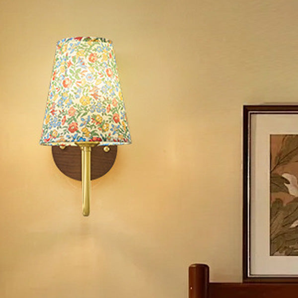 Copper Wood Fabric Round Shade 1-Light Wall Sconce Lamp