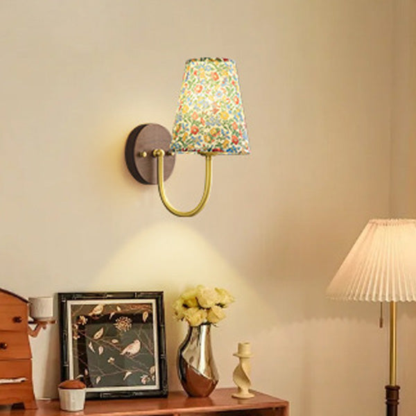 Copper Wood Fabric Round Shade 1-Light Wall Sconce Lamp