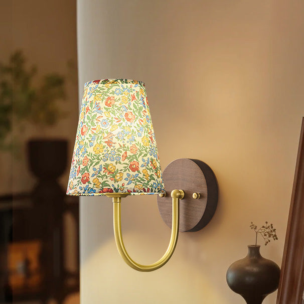 Copper Wood Fabric Round Shade 1-Light Wall Sconce Lamp