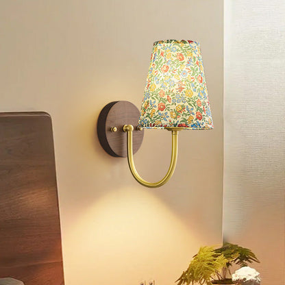 Copper Wood Fabric Round Shade 1-Light Wall Sconce Lamp