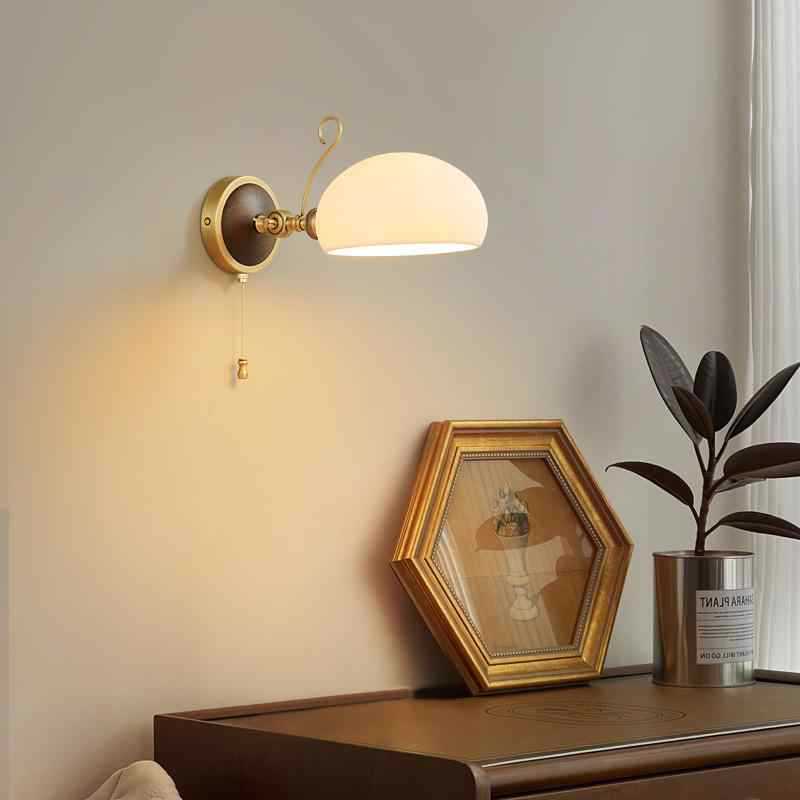 Brass Ash Wood Ceramic Round Shade 1-Light Wall Sconce Lamp