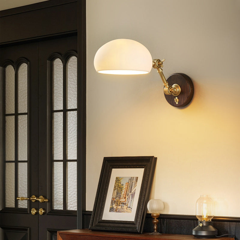Brass Ash Wood Ceramic Round Shade 1-Light Wall Sconce Lamp