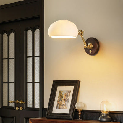 Brass Ash Wood Ceramic Round Shade 1-Light Wall Sconce Lamp