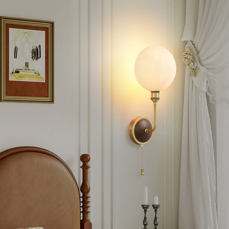 Brass Ash Wood Ceramic Round Shade 1-Light Wall Sconce Lamp