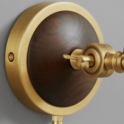 Brass Ash Wood Ceramic Round Shade 1-Light Wall Sconce Lamp