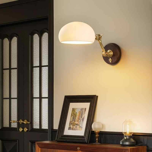 Brass Ash Wood Ceramic Round Shade 1-Light Wall Sconce Lamp