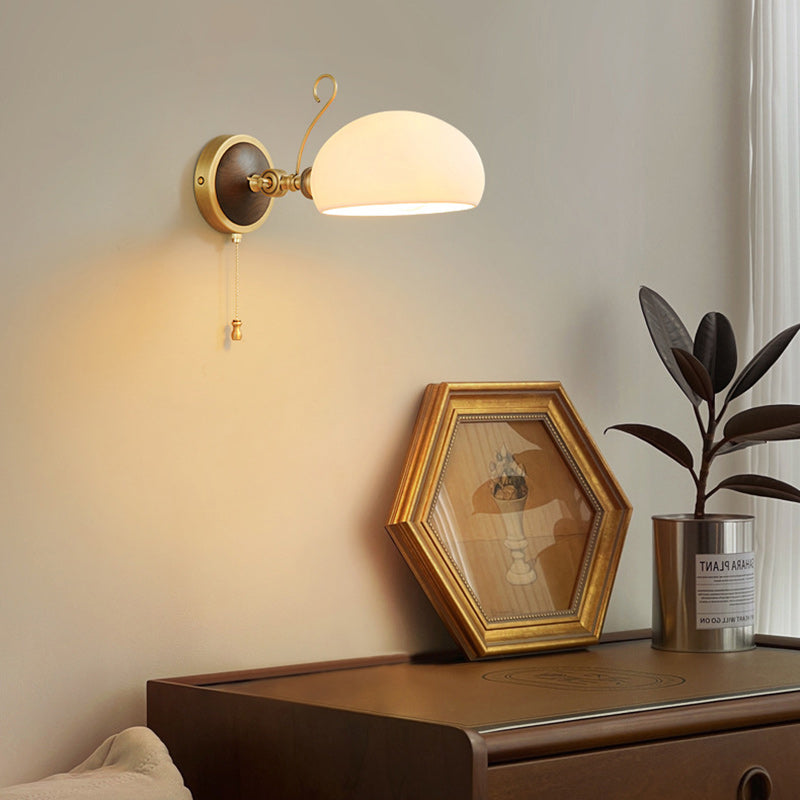 Brass Ash Wood Ceramic Round Shade 1-Light Wall Sconce Lamp