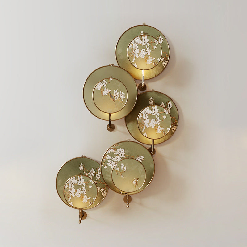 Chinese Pattern Fabric Round Fan 1-Light Wall Sconce Lamp