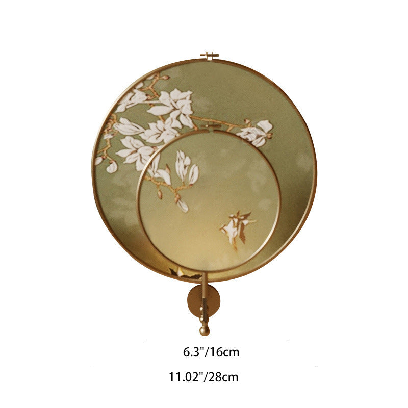 Chinese Pattern Fabric Round Fan 1-Light Wall Sconce Lamp