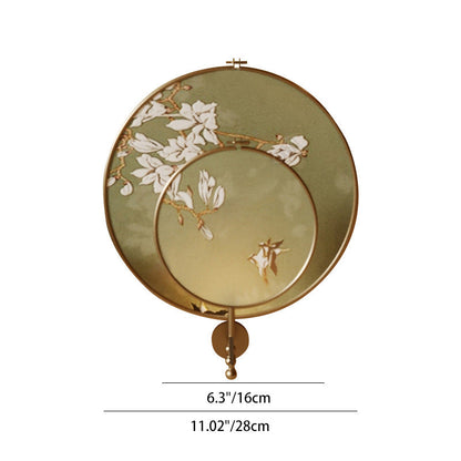 Chinese Pattern Fabric Round Fan 1-Light Wall Sconce Lamp